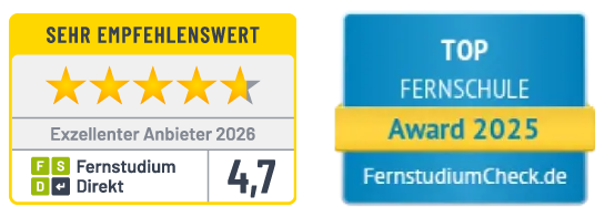 Auszeichnungen der HÖHER Akademie: „Sehr empfehlenswert“ als exzellenter Anbieter 2026 bei Fernstudium Direkt mit 4,7 Sternen sowie der Top Fernschule Award 2025 von FernstudiumCheck.de.