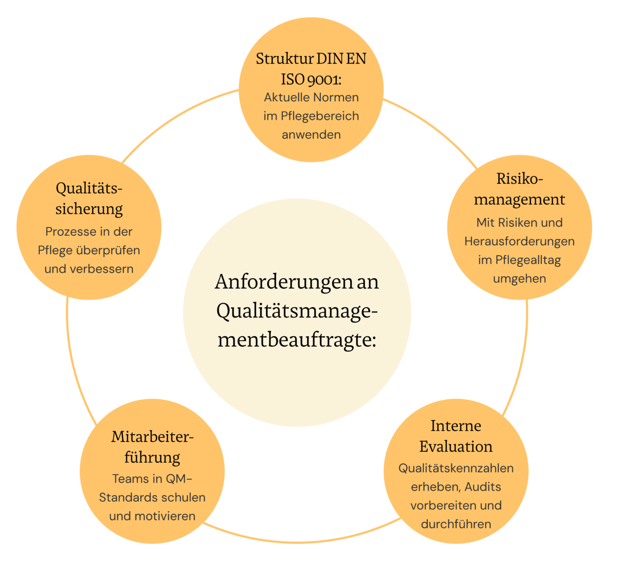Infografik zu den Anforderungen an Qualit&auml;tsmanagementbeauftragte in der Pflege. Die f&uuml;nf Kernbereiche sind: Struktur DIN EN ISO 9001, Risikomanagement, Interne Evaluation, Mitarbeiterf&uuml;hrung und Qualit&auml;tssicherung.