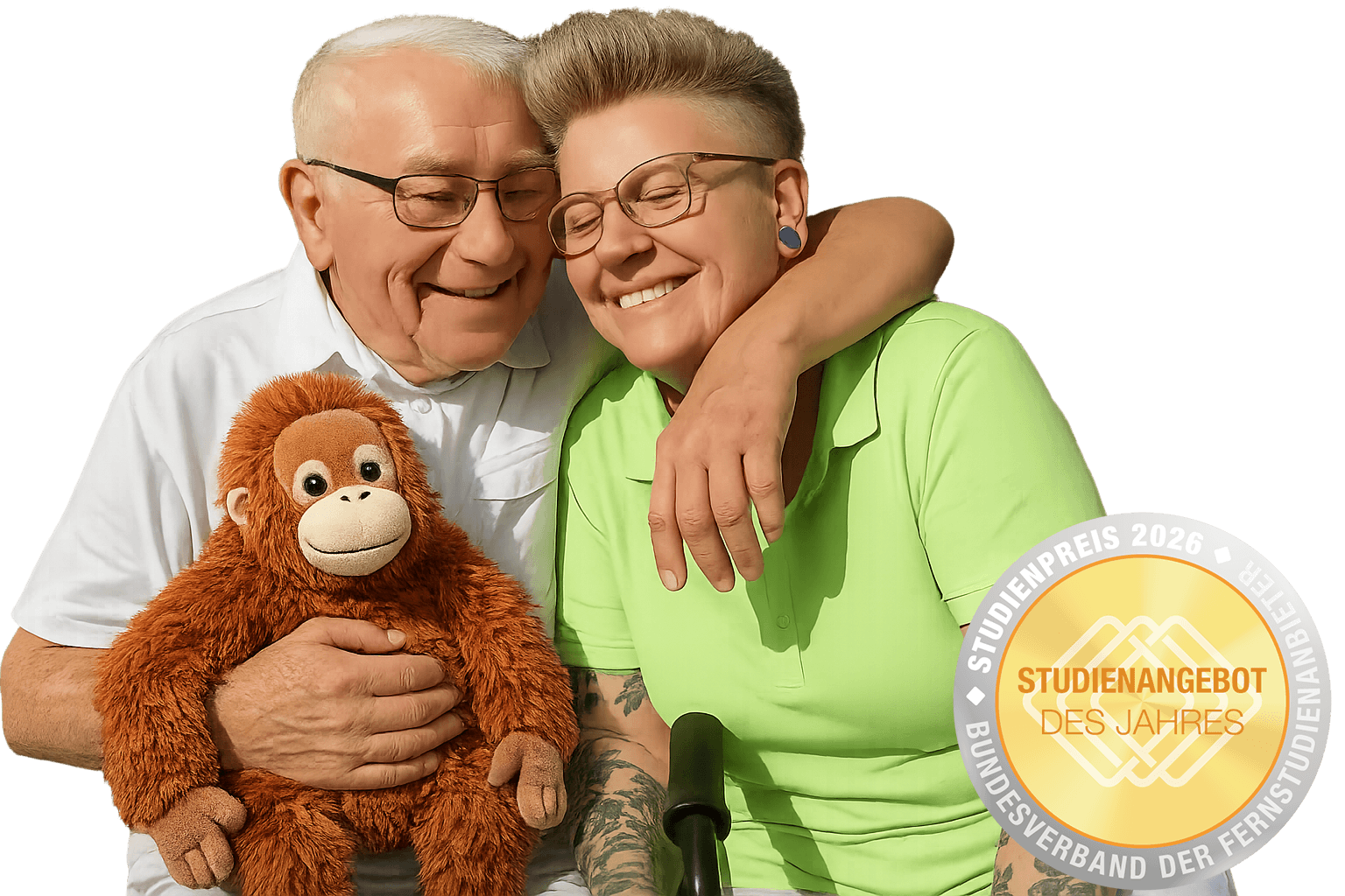 Weitergebildete Pflegekraft mit Weihnachtshut und ihr Patient freuen sich liebevoll